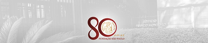Imagem ilustrativa que mostra selo da Fundação São Paulo - 80 anos sob fundo cinza