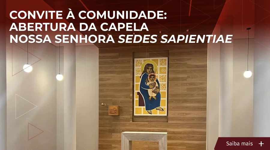 Foto ilustrativa que mostra detalhe de quadro de Nossa Senhora no interior da Capela. Texto: Convite à comunidade: abertura da Capela Nossa Senhora Sedes Sapientiae