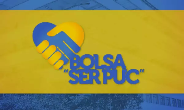 Imagem ilustrativa que mostra logo Bolsa Ser PUC sob grafismos