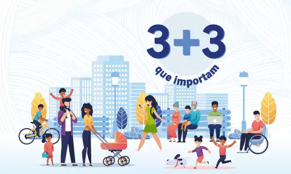 Imagem ilustrativa da Campanha que mostra diversidade de pessoas e logo com texto 3 + 3 que importam